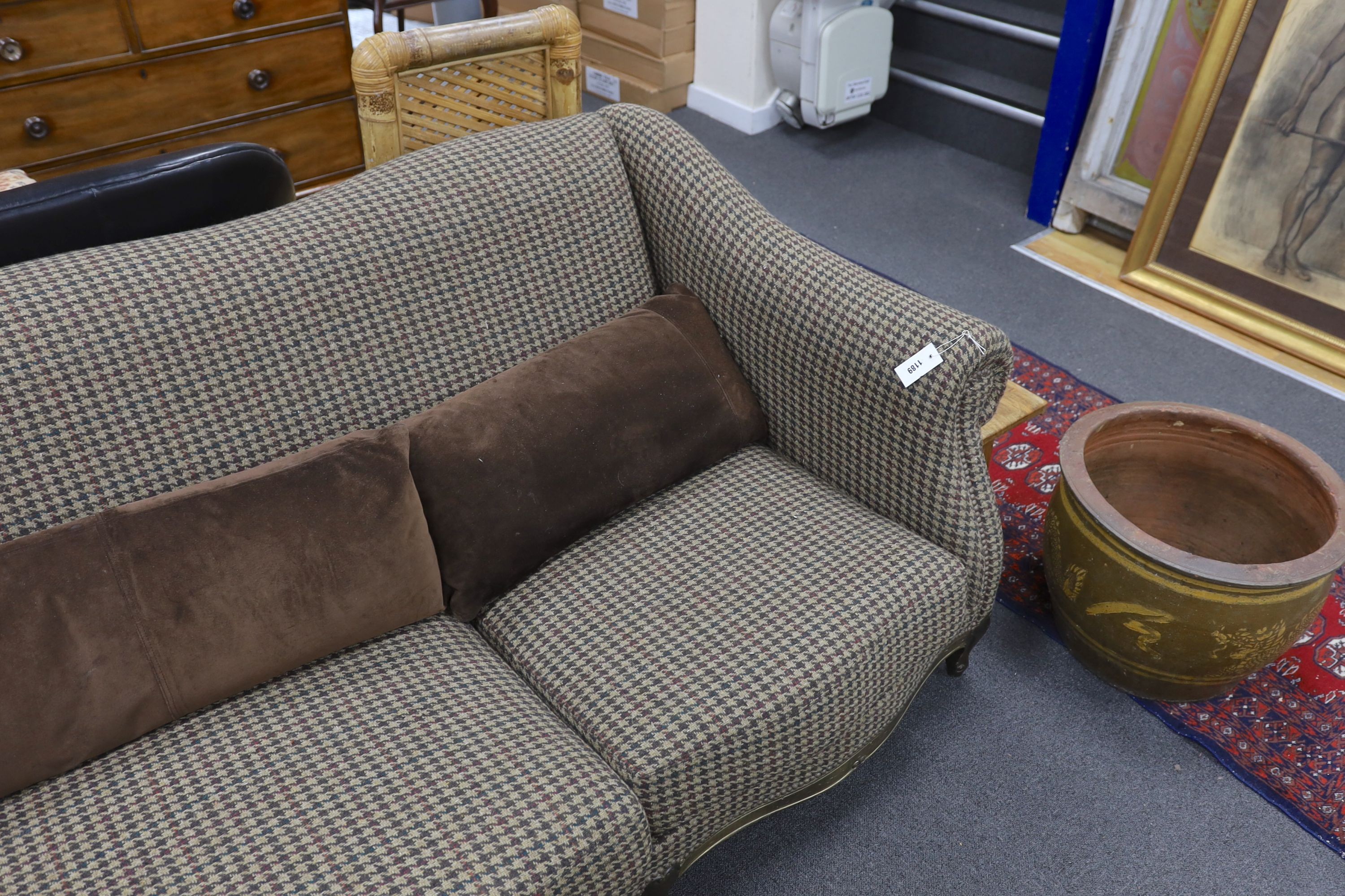 A large Louis XV style scroll arm sofa upholstered in a tweed type fabric, length 240cm, depth 96cm, height 82cm